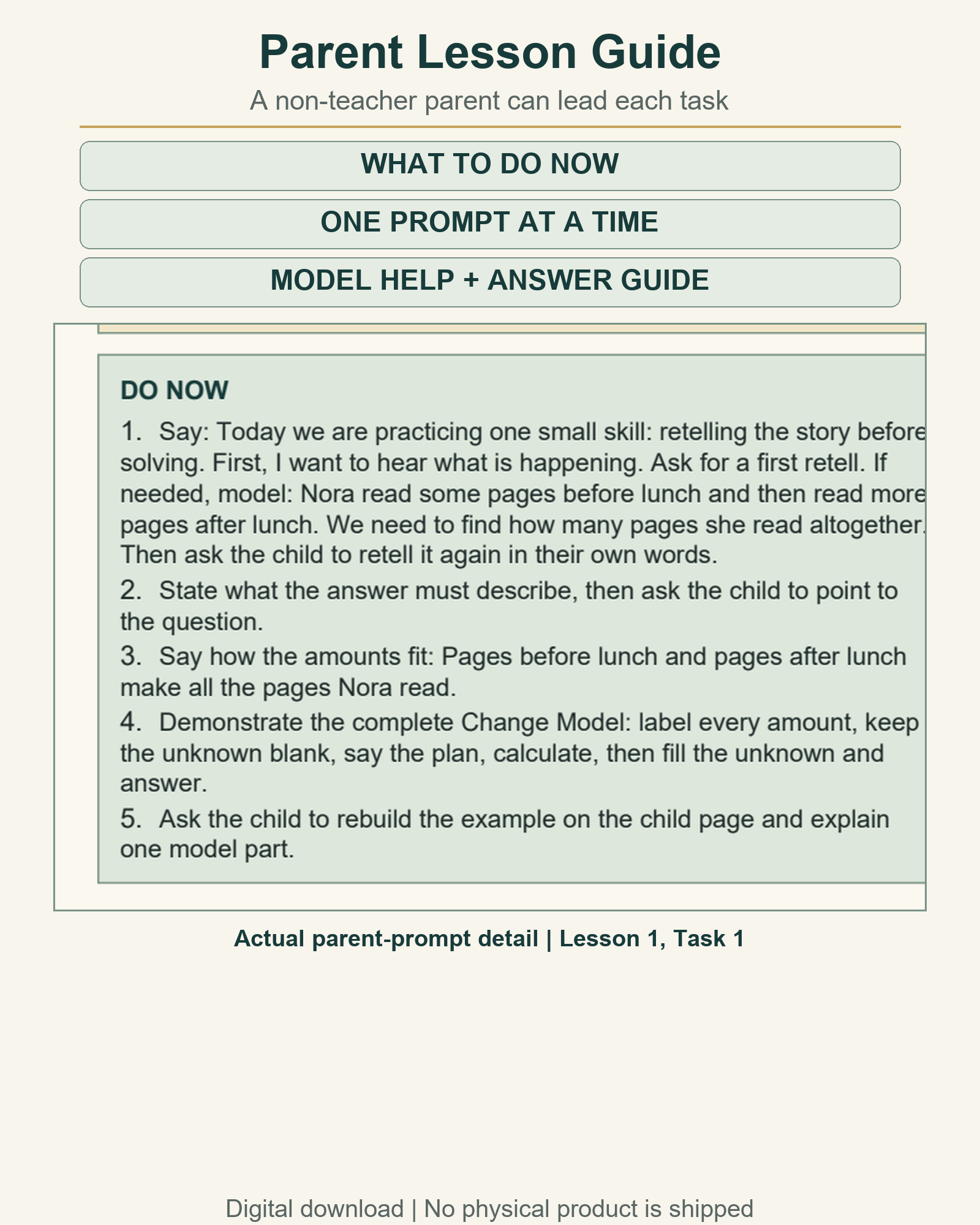 A parent lesson guide page with prompts, model help and a worked example.